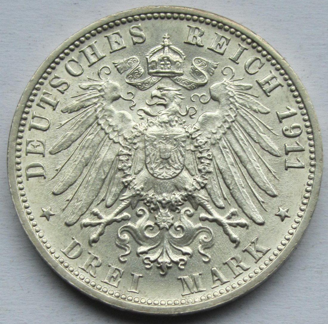  Kaiserreich: Württemberg, 3 Mark Silberne Hochzeit 1911 (Jaeger 177)   