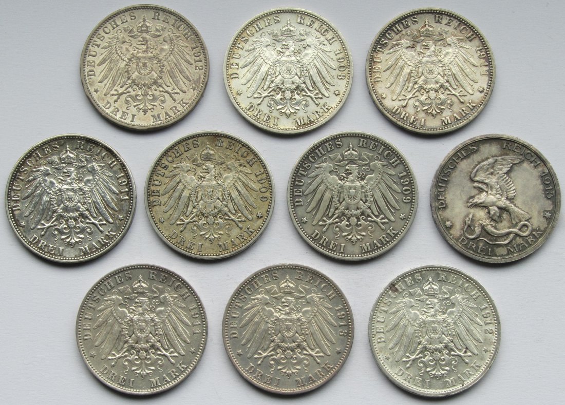  Kaiserreich: Zehn verschiedene 3 Mark   