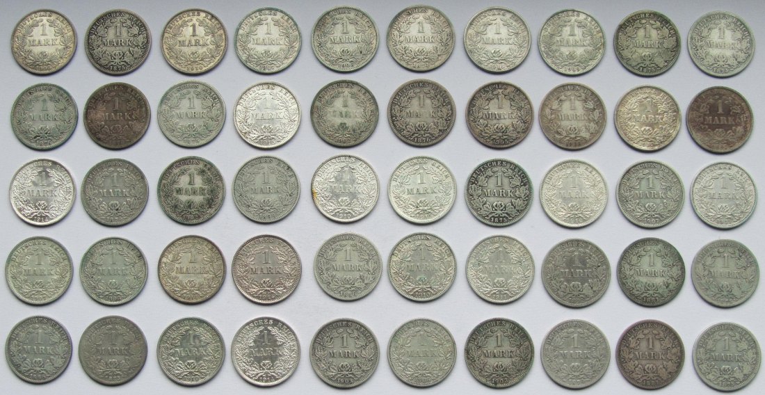  Kaiserreich: 50 x 1 Mark, zusammen 250 g Feinsilber   