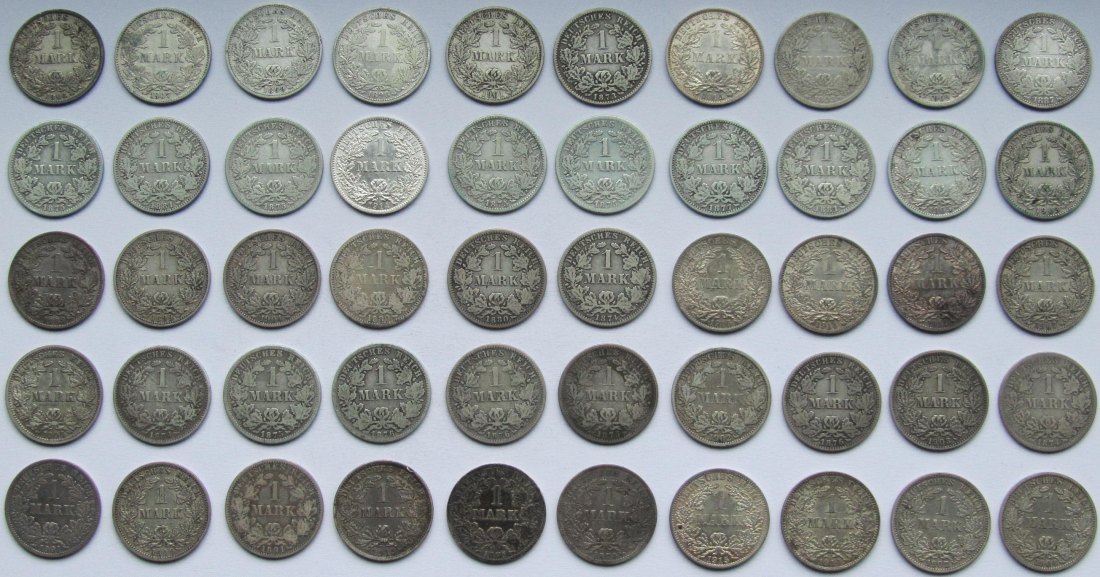  Kaiserreich: 50 x 1 Mark, zusammen 250 g Feinsilber   