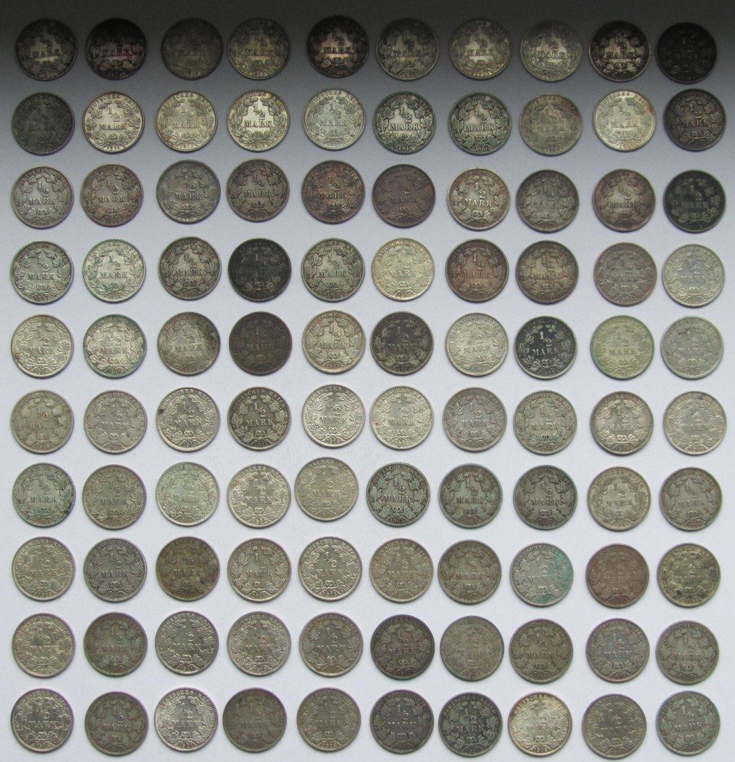  Kaiserreich: 100 x 1/2 Mark, zusammen 250 g Feinsilber   