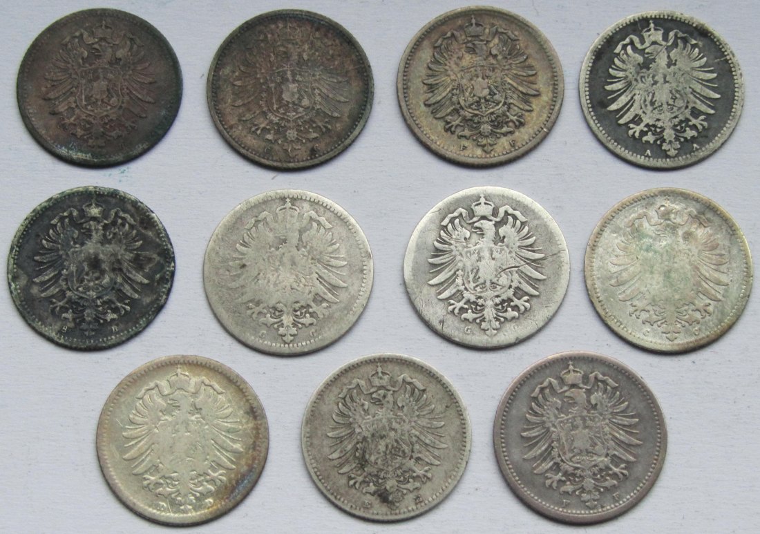  Kaiserreich: Elf verschiedene Jahrgänge 20 Pfennig   