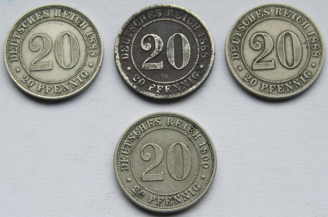  Kaiserreich: 4 x 20 Pfennig (1888 A + F + J + 1890 E)   