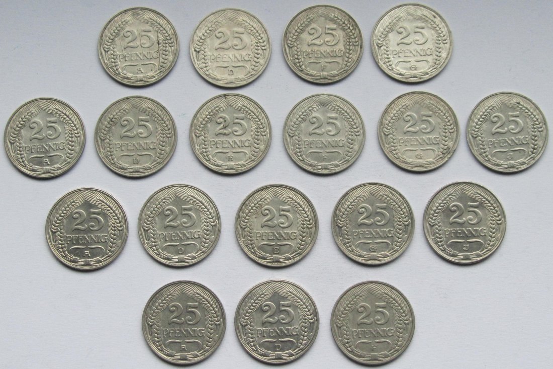  Kaiserreich: 18 verschiedene Jahrgänge 25 Pfennig   