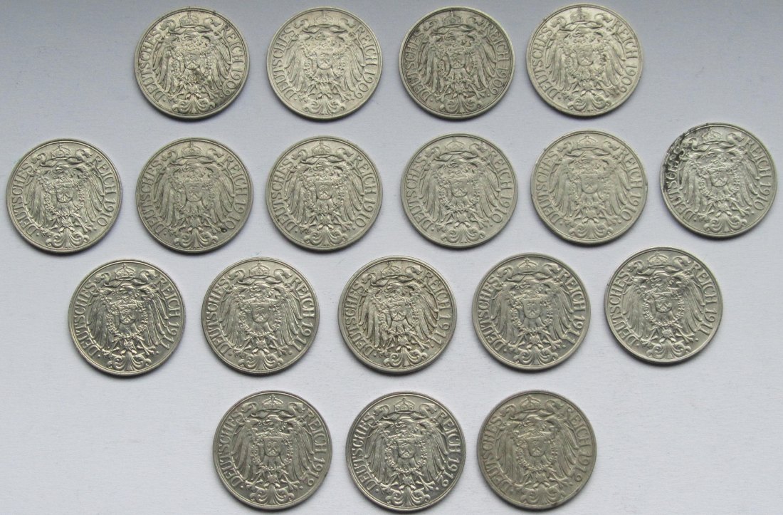  Kaiserreich: 18 verschiedene Jahrgänge 25 Pfennig   