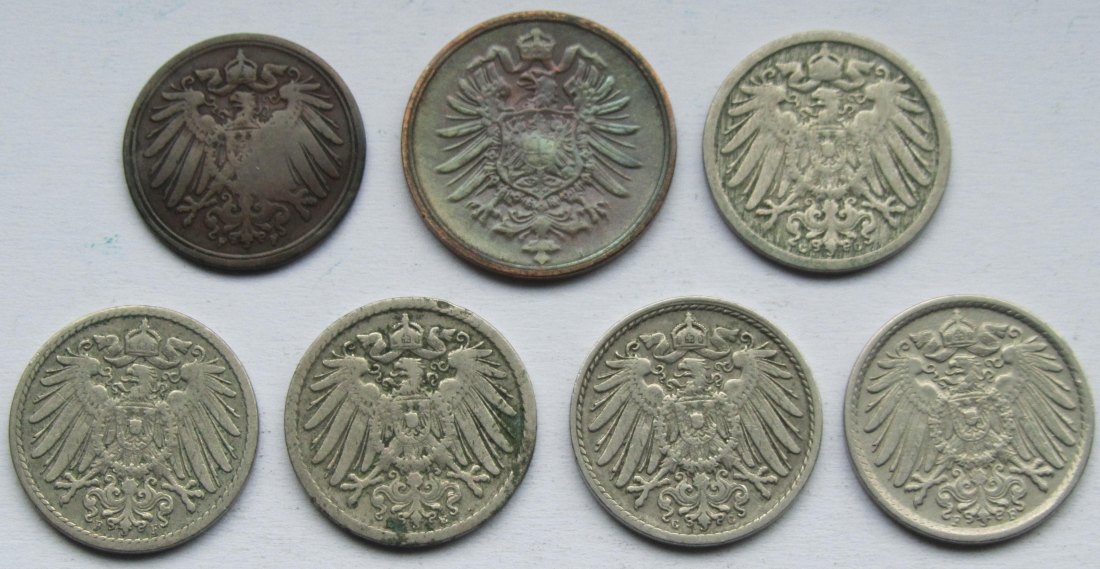  Kaiserreich: Lot aus sieben seltenen Jahrgängen Pfennige   