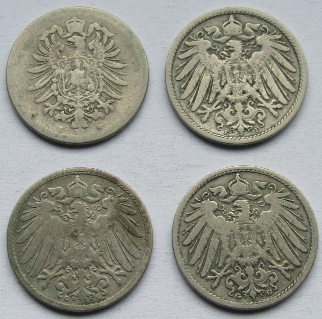  Kaiserreich: Lot aus vier seltenen Jahrgängen 10 Pfennig   