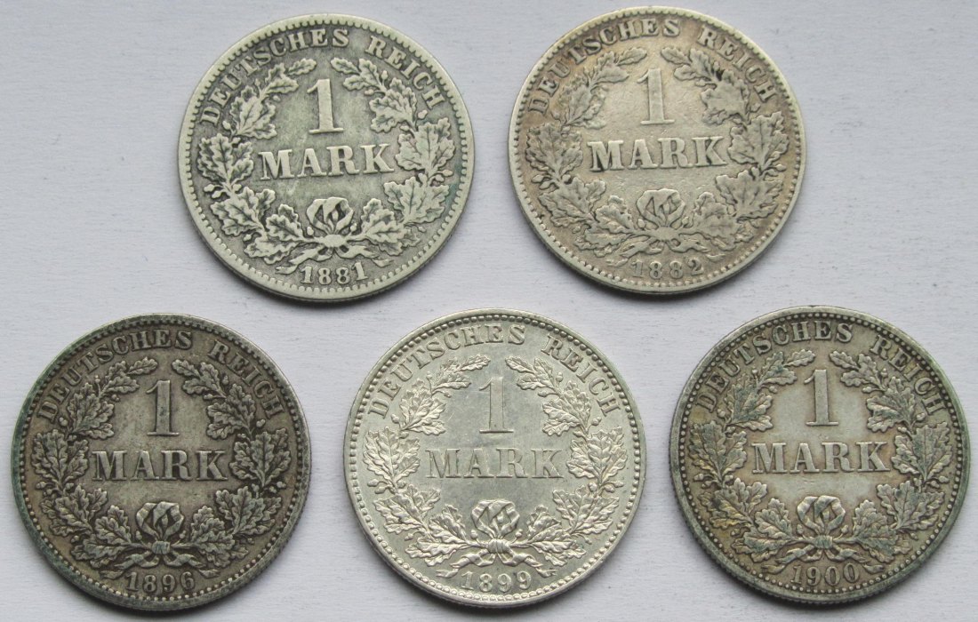  Kaiserreich: Lot aus fünf seltenen Jahrgängen 1 Mark   
