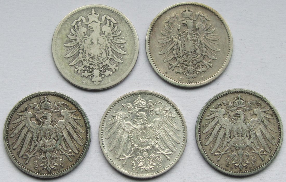  Kaiserreich: Lot aus fünf seltenen Jahrgängen 1 Mark   