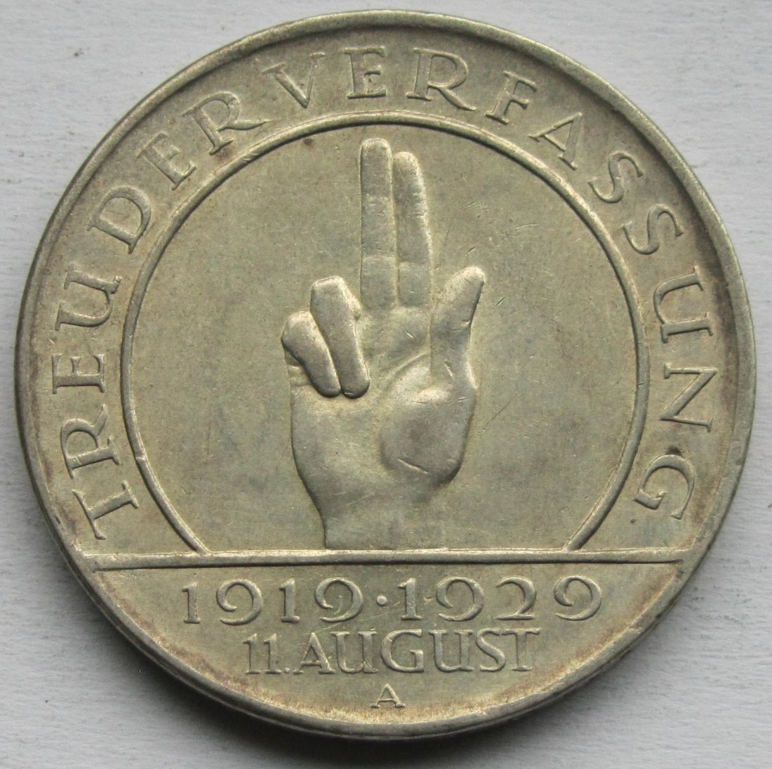  Weimarer Republik: 3 Mark Schwurhand (Jaeger 340), 1929 A   
