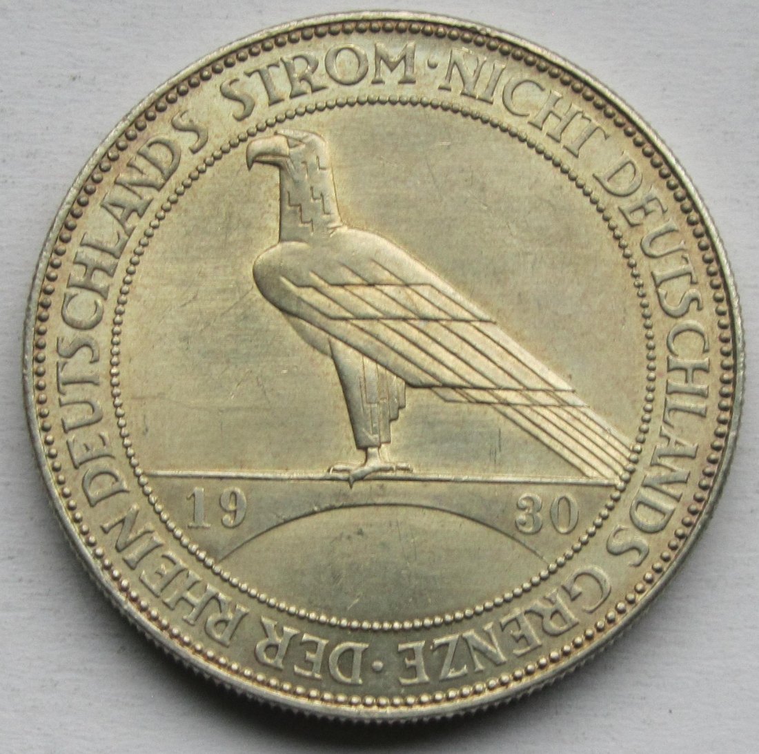  Weimarer Republik: 5 Mark Rheinlandräumung (Jaeger 346), 1930 F   