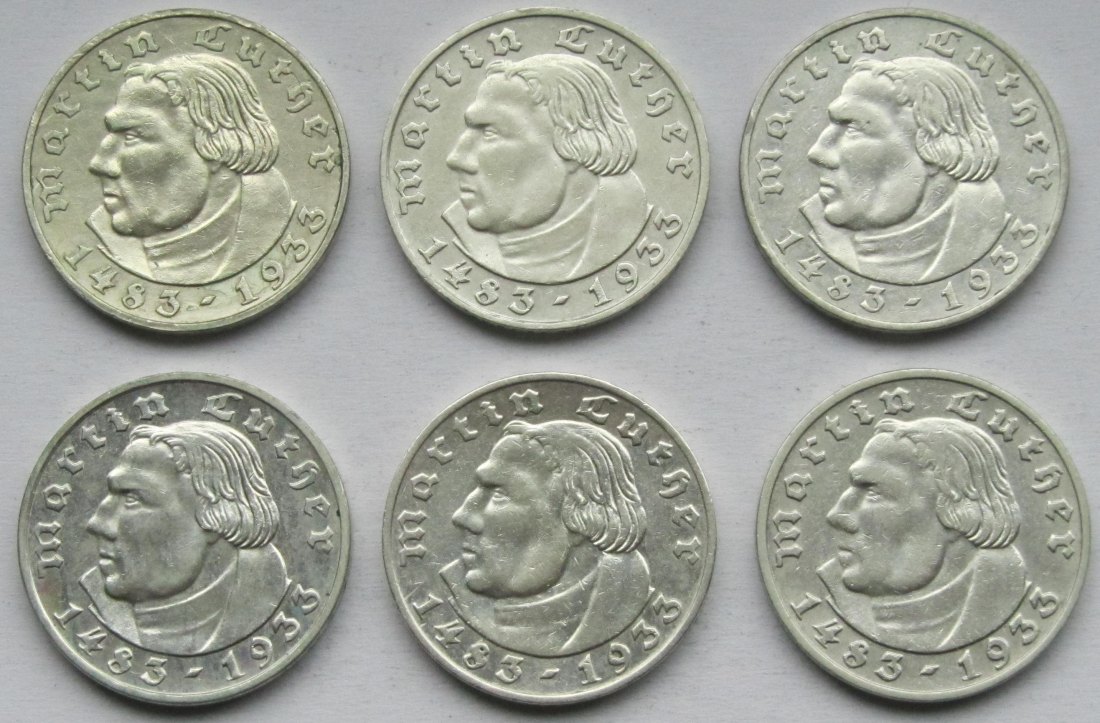  Deutsches Reich: Satz 6 x 2 Mark Luther (Jaeger 352) 1933, alle Prägestätten   