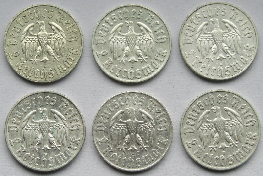  Deutsches Reich: Satz 6 x 2 Mark Luther (Jaeger 352) 1933, alle Prägestätten   