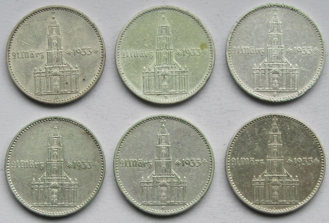  Deutsches Reich: Satz 6 x 2 Mark Garnisonkirche mit Datum 1934, alle Prägestätten   