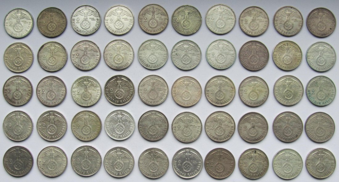  Deutsches Reich: 50 x 2 Mark Hindenburg, zusammen 250 g Feinsilber   
