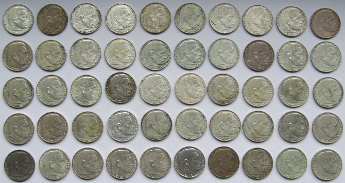  Deutsches Reich: 50 x 2 Mark Hindenburg, zusammen 250 g Feinsilber   