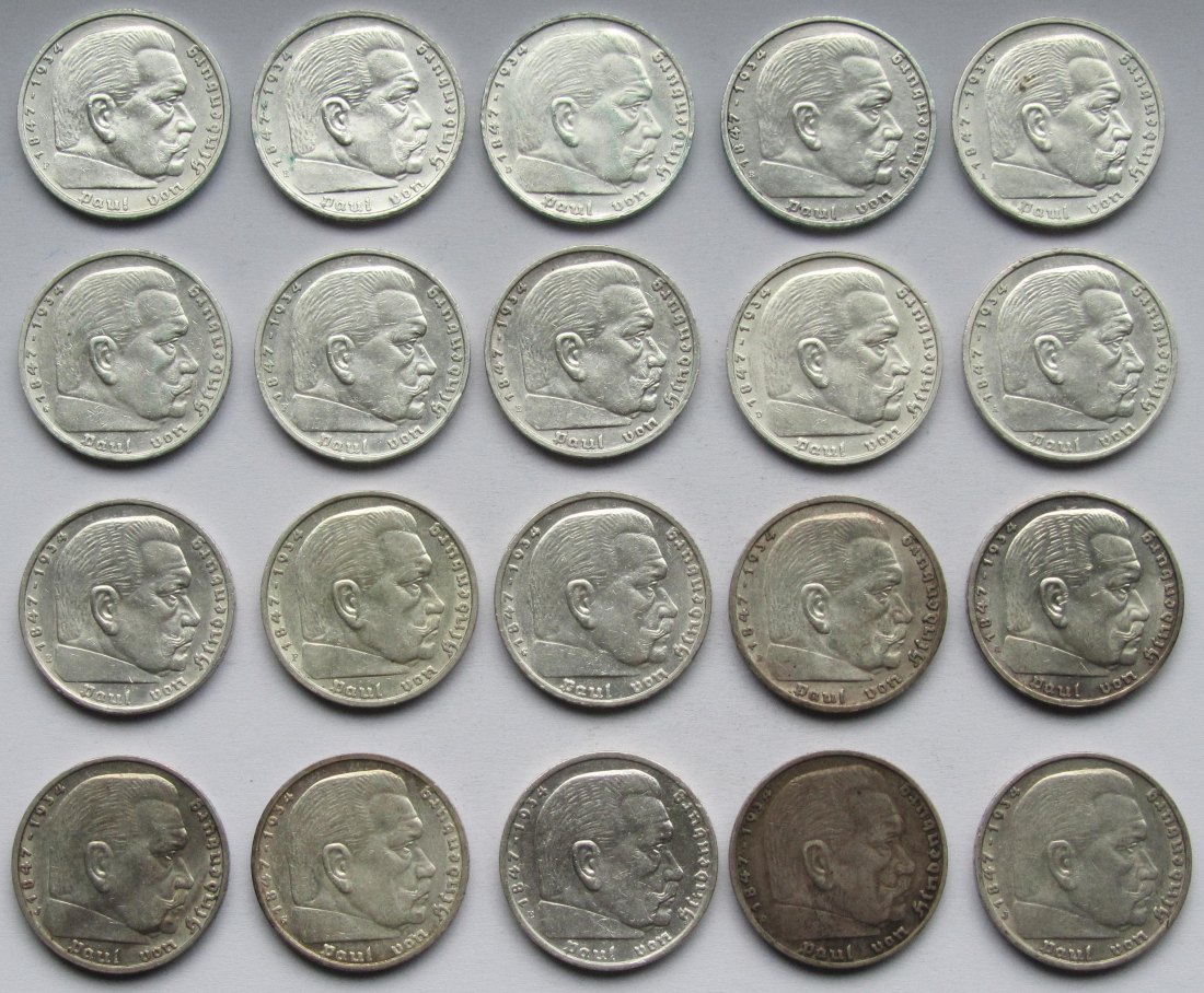  Deutsches Reich: 20 x 5 Mark Hindenburg, zusammen 250 g Feinsilber   