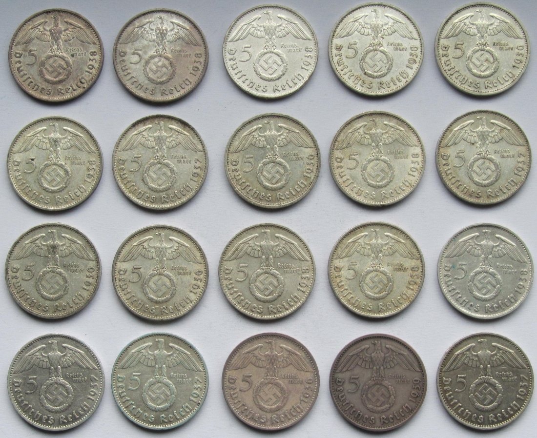  Deutsches Reich: 20 x 5 Mark Hindenburg, zusammen 250 g Feinsilber   