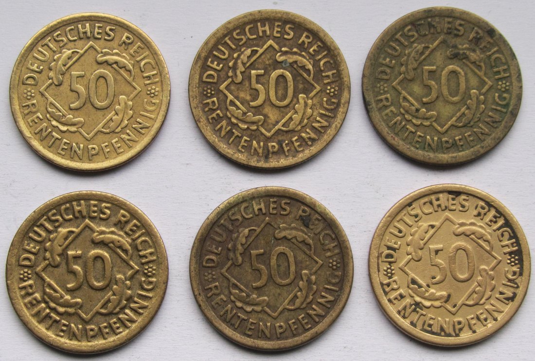  Weimarer Republik: 6 x 50 Rentenpfennig 1924, alle Prägestätten   