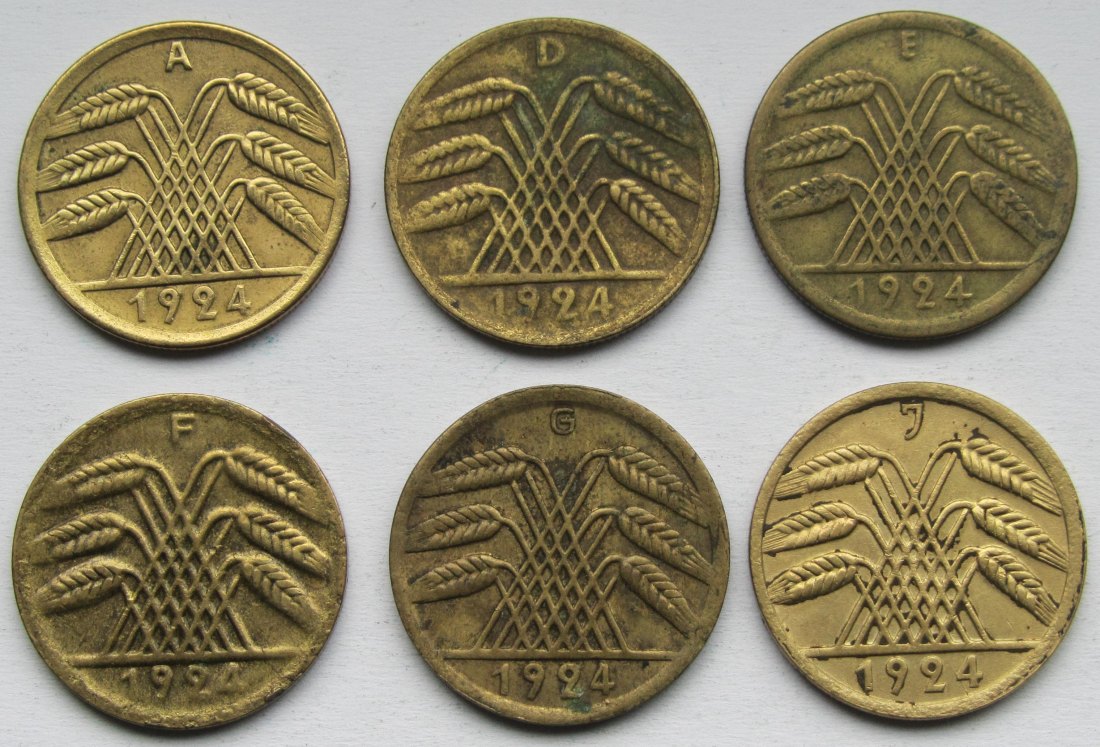  Weimarer Republik: 6 x 50 Rentenpfennig 1924, alle Prägestätten   
