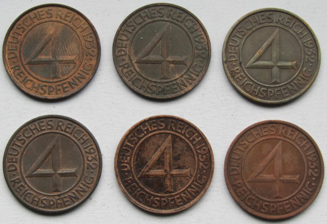  Weimarer Republik: Satz 4 Pfennig 1932, alle Prägestätten   