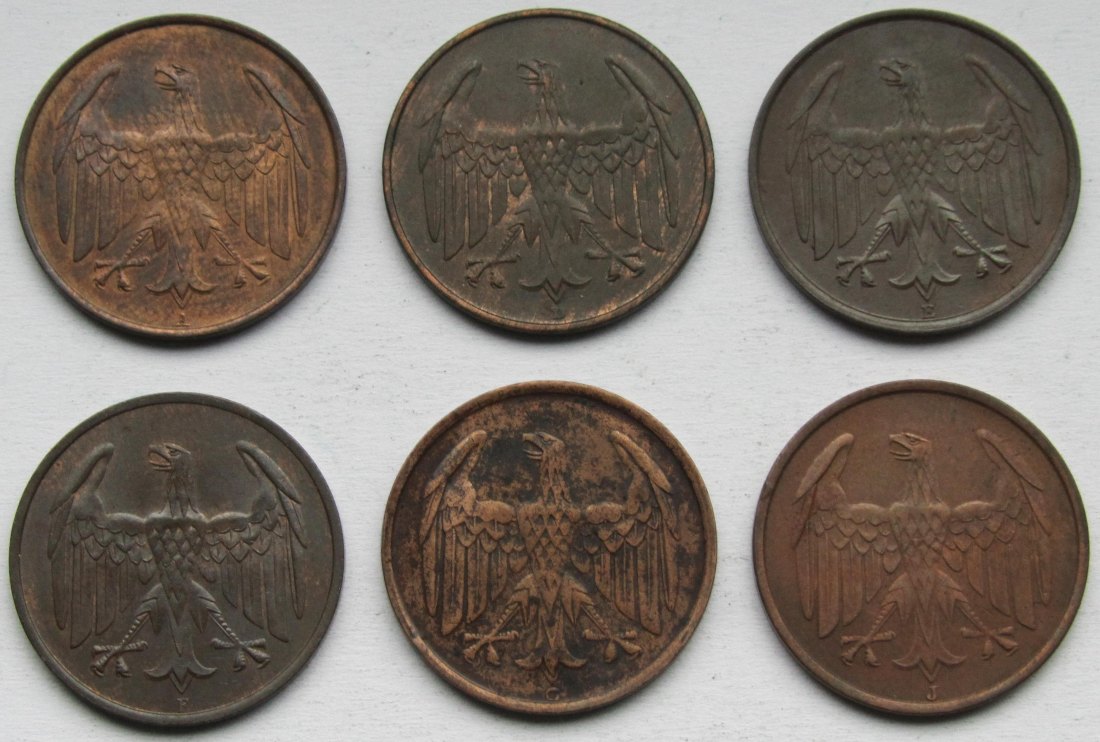  Weimarer Republik: Satz 4 Pfennig 1932, alle Prägestätten   