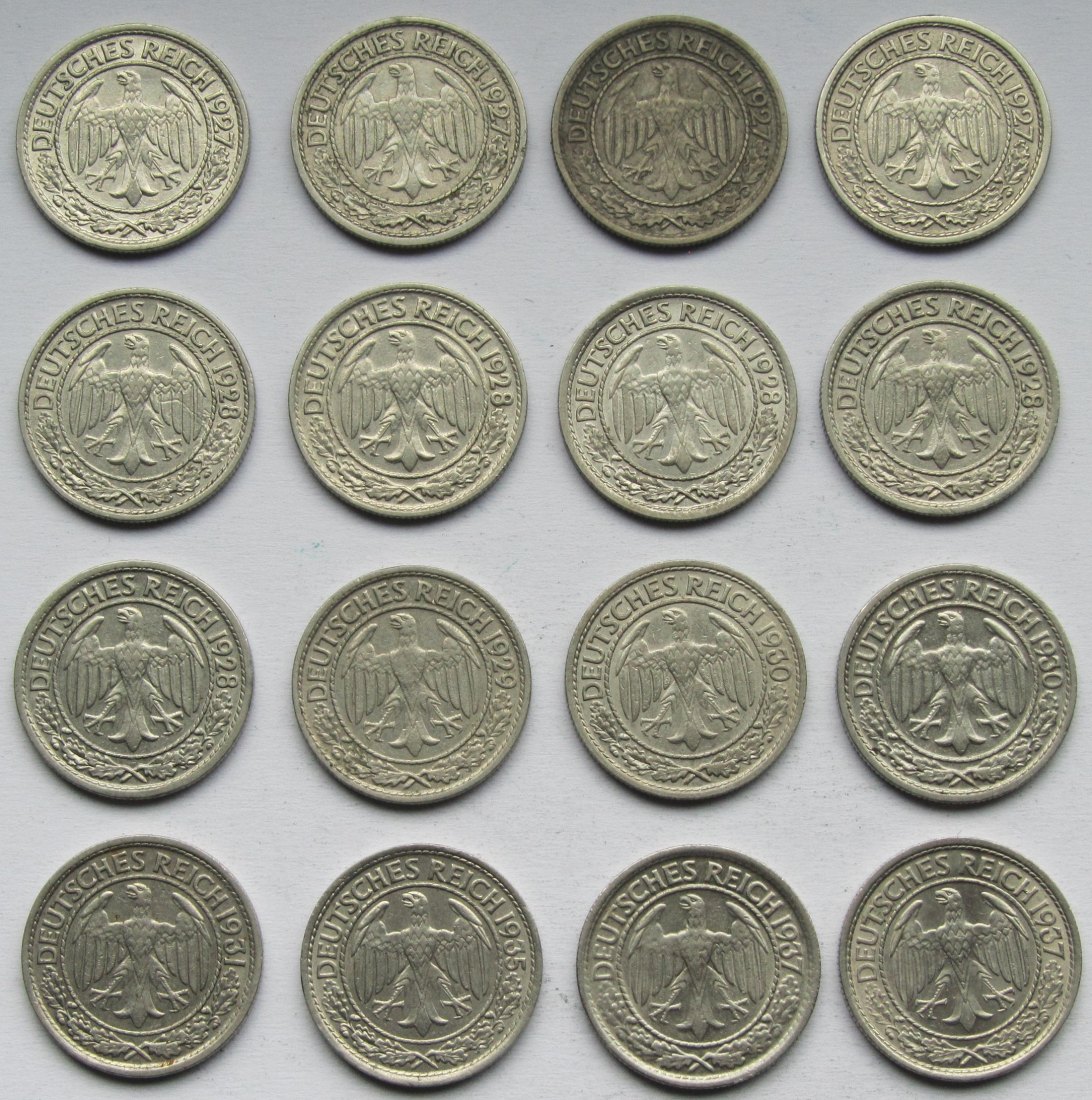  Weimarer Republik: 16 verschiedene Jahrgänge 50 Pfennig Nickel   