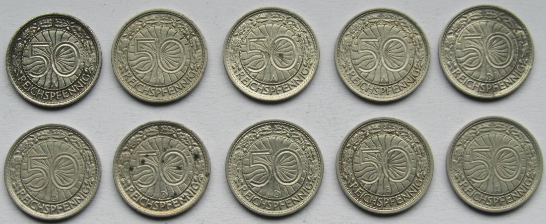  Weimarer Republik: 10 x 50 Pfennig Nickel   