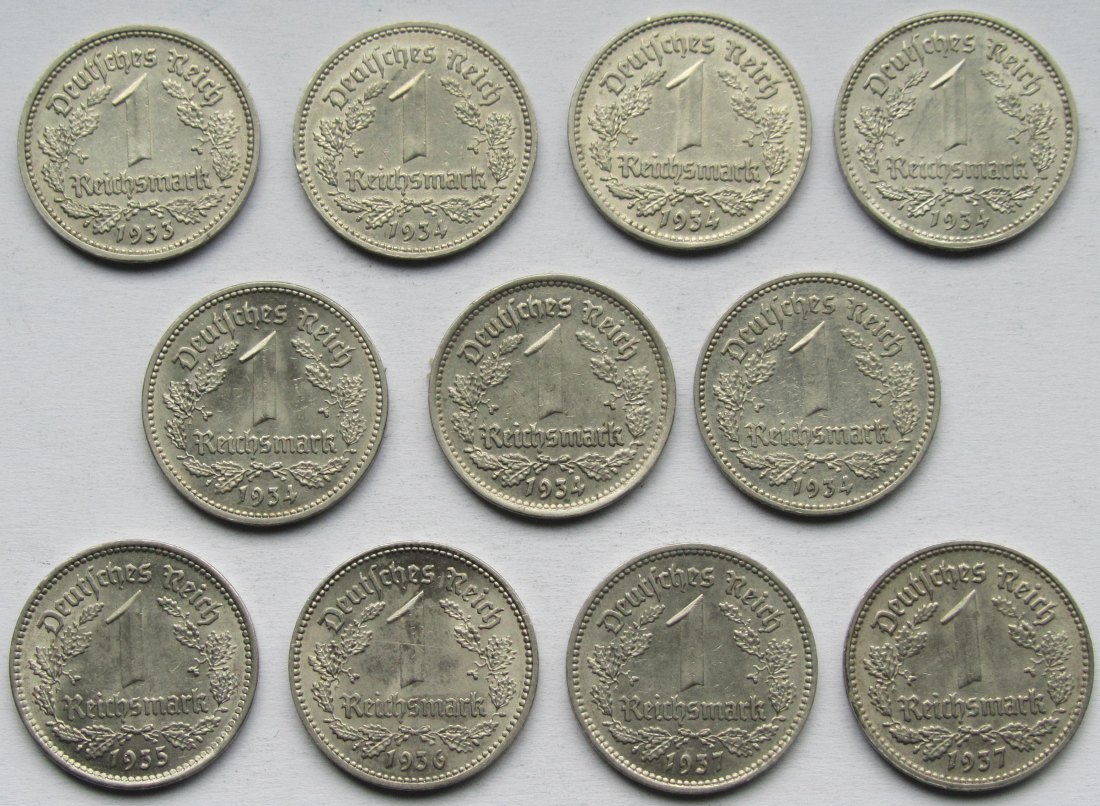  Deutsches Reich: Elf verschiedene Jahrgänge 1 Mark Nickel   