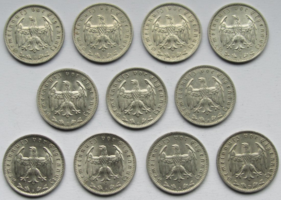  Deutsches Reich: Elf verschiedene Jahrgänge 1 Mark Nickel   