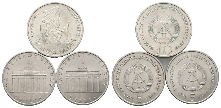 DDR; 10 Mark 1972; Buchenwald; -- 2x 5 Mark 1971, Brandenburger Tor   