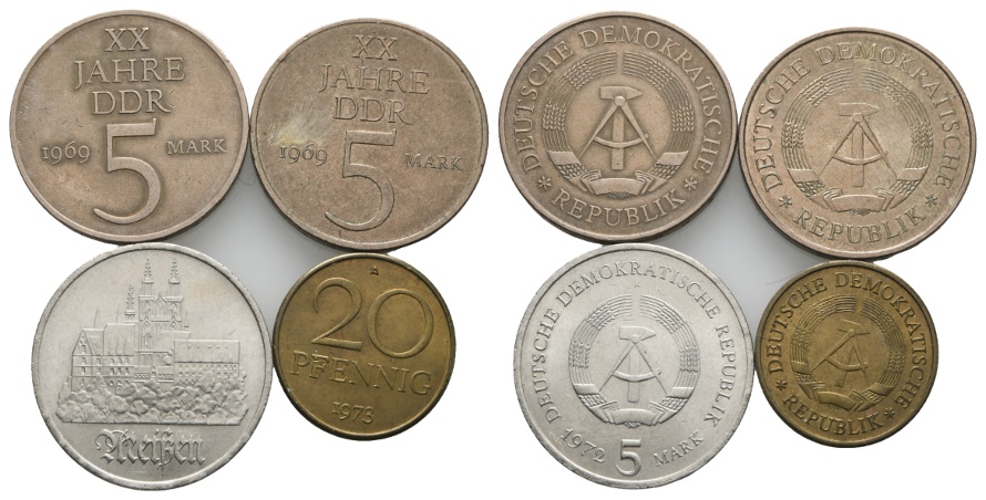  DDR; 5 Mark 1972; Meißen; -- 2x 5 Mark 1969, 20 Jahre DDR; -- 20 Pfennig 1973   