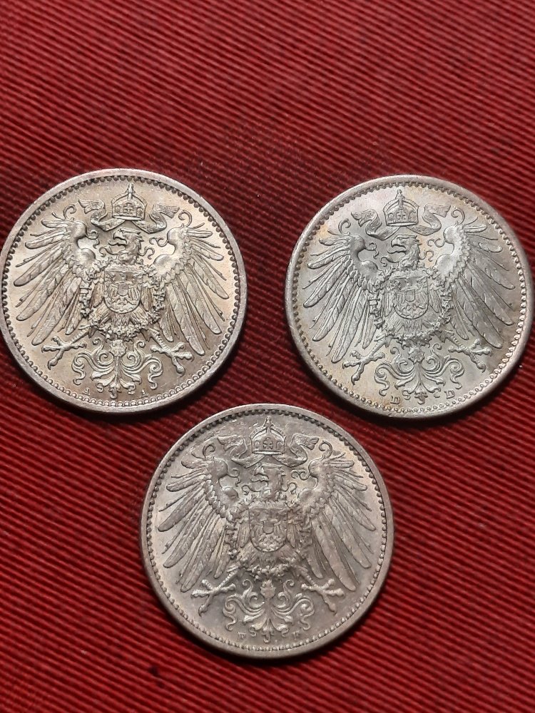  Kaiserreich 1 Mark 1910 A, D, F. Erhaltungen   