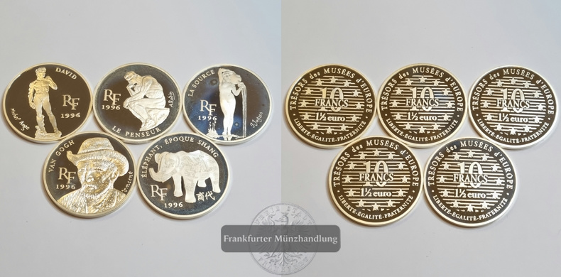  Frankreich 1996 Europäische Museen 10 Francs/ 1,5 EURO (5 Münzen LOT) FM-Frankfurt Feinsilber: 99,9g   