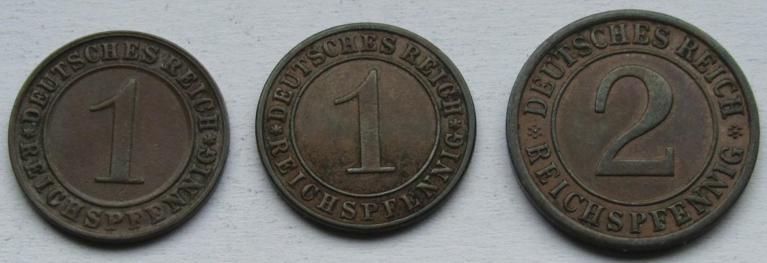  Weimarer Republik: 1 Pfennig 1925 D + 1930 E + 2 Pfennig 1936 E   