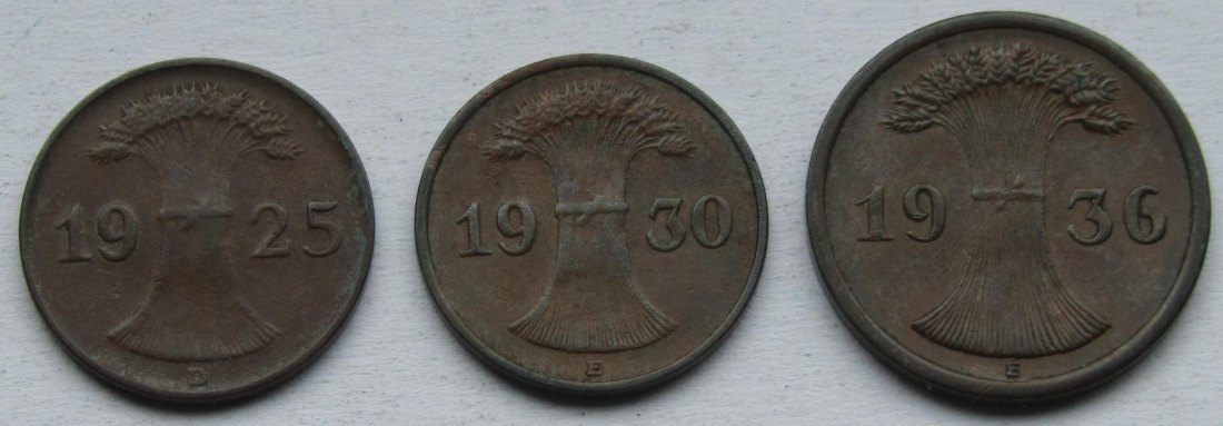  Weimarer Republik: 1 Pfennig 1925 D + 1930 E + 2 Pfennig 1936 E   