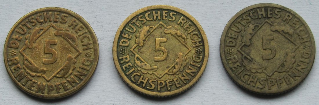  Weimarer Republik: 5 Pfennig 1923 G + 1926 E + 1926 F   