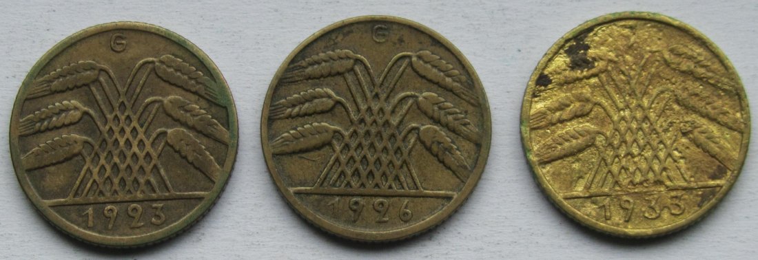  Weimarer Republik: 10 Pfennig 1923 G + 1926 G + 1933 J   