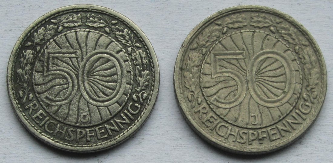  Weimarer Republik: 50 Pfennig 1927 G + 1935 J   