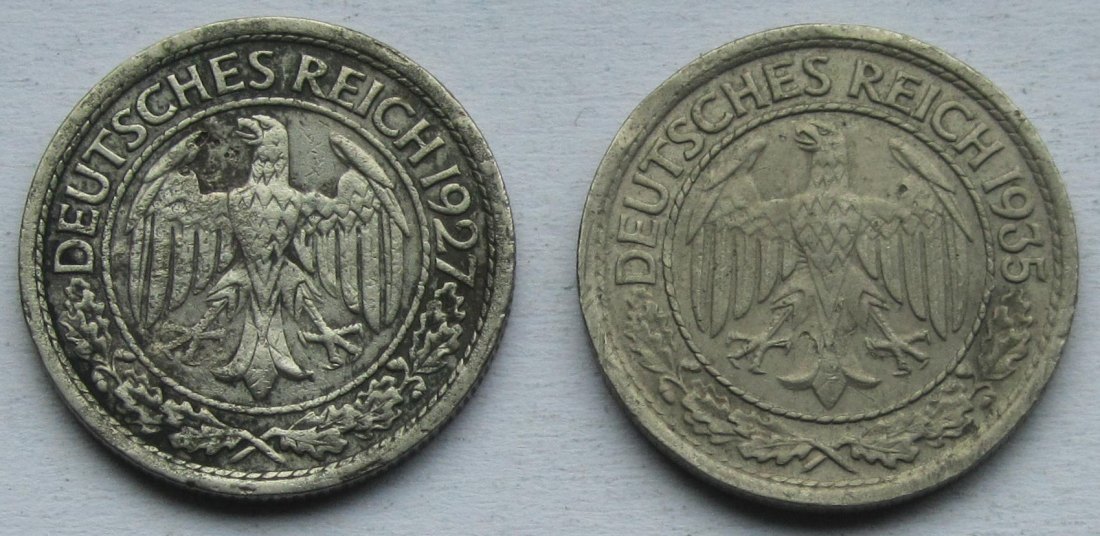  Weimarer Republik: 50 Pfennig 1927 G + 1935 J   