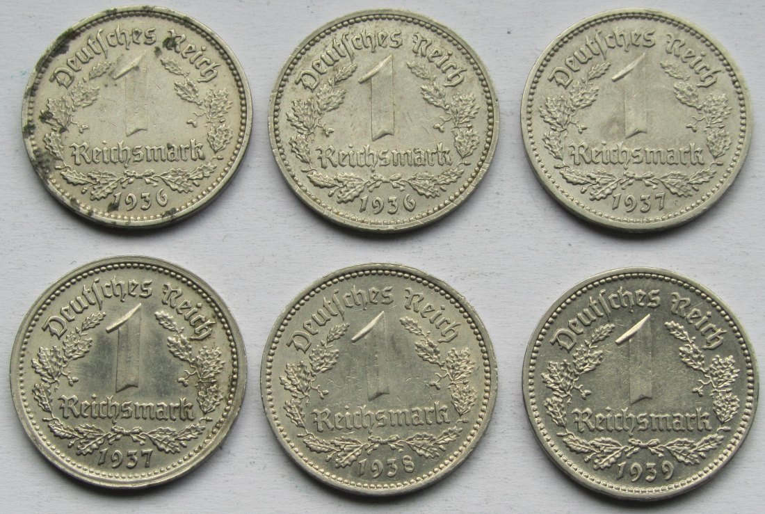  Deutsches Reich: Sechs seltene Jahrgänge 1 Mark Nickel   