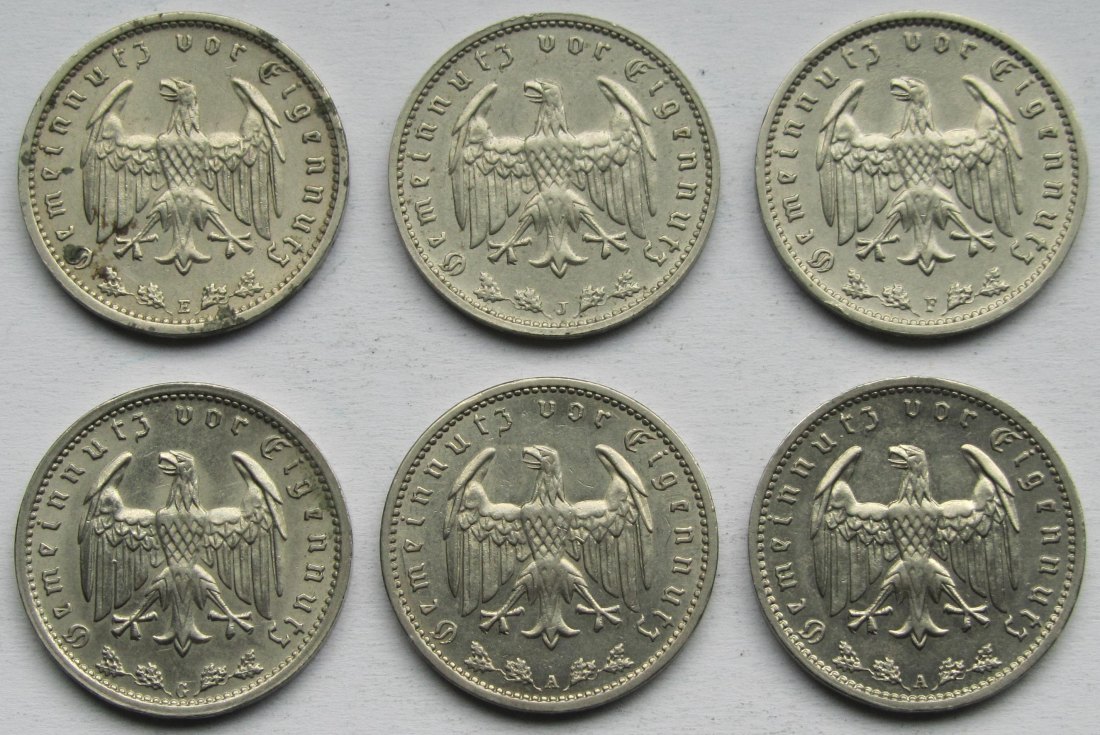  Deutsches Reich: Sechs seltene Jahrgänge 1 Mark Nickel   