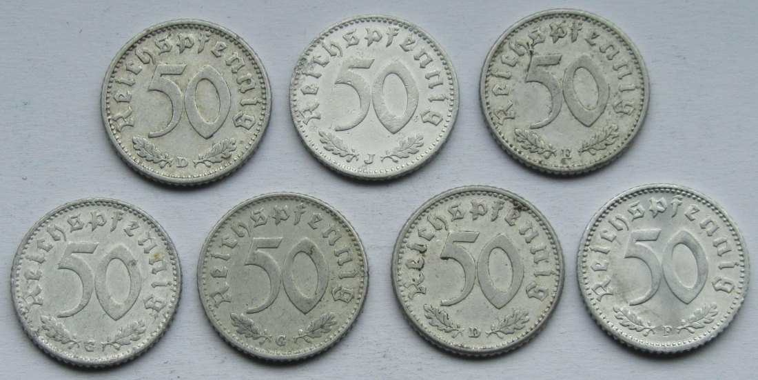  Deutsches Reich: Sieben seltene Jahrgänge 50 Pfennig Aluminium   