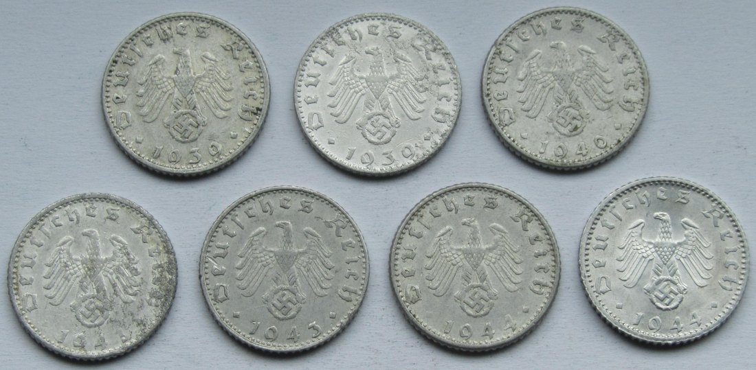  Deutsches Reich: Sieben seltene Jahrgänge 50 Pfennig Aluminium   