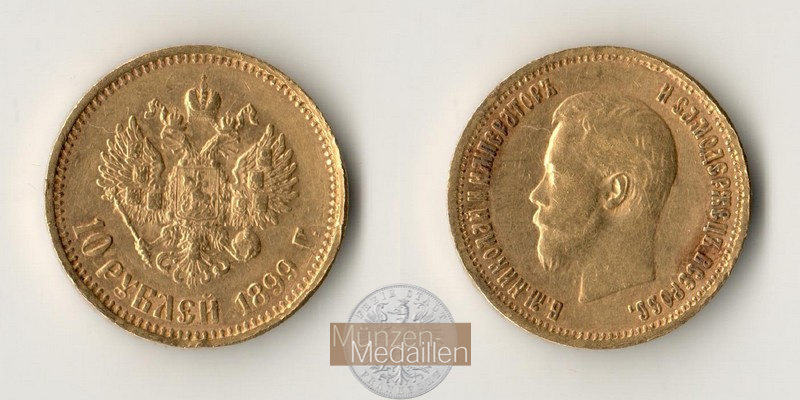 Russland, Zar Nikolaus II. 1894-1917. MM-Frankfurt Feingold: 7,74g 10 Rubel 1899 
