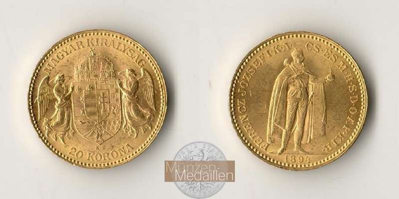 Ungarn MM-Frankfurt Feingold: 6,10g 20 Kronen 1894 