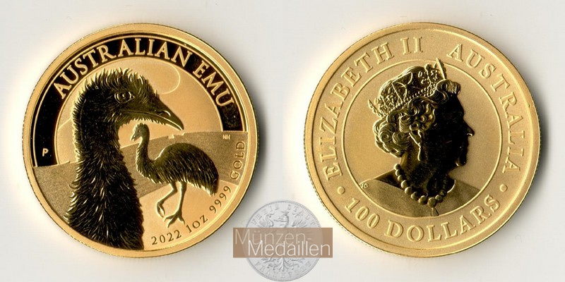 Australien. MM-Frankfurt Feingold: 31,1g 100 Dollars Emu 2022 