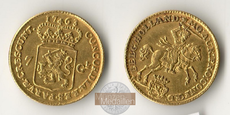 Niederlande, MM-Frankfurt  Feingold: 4,6g 7 Gulden 1763 