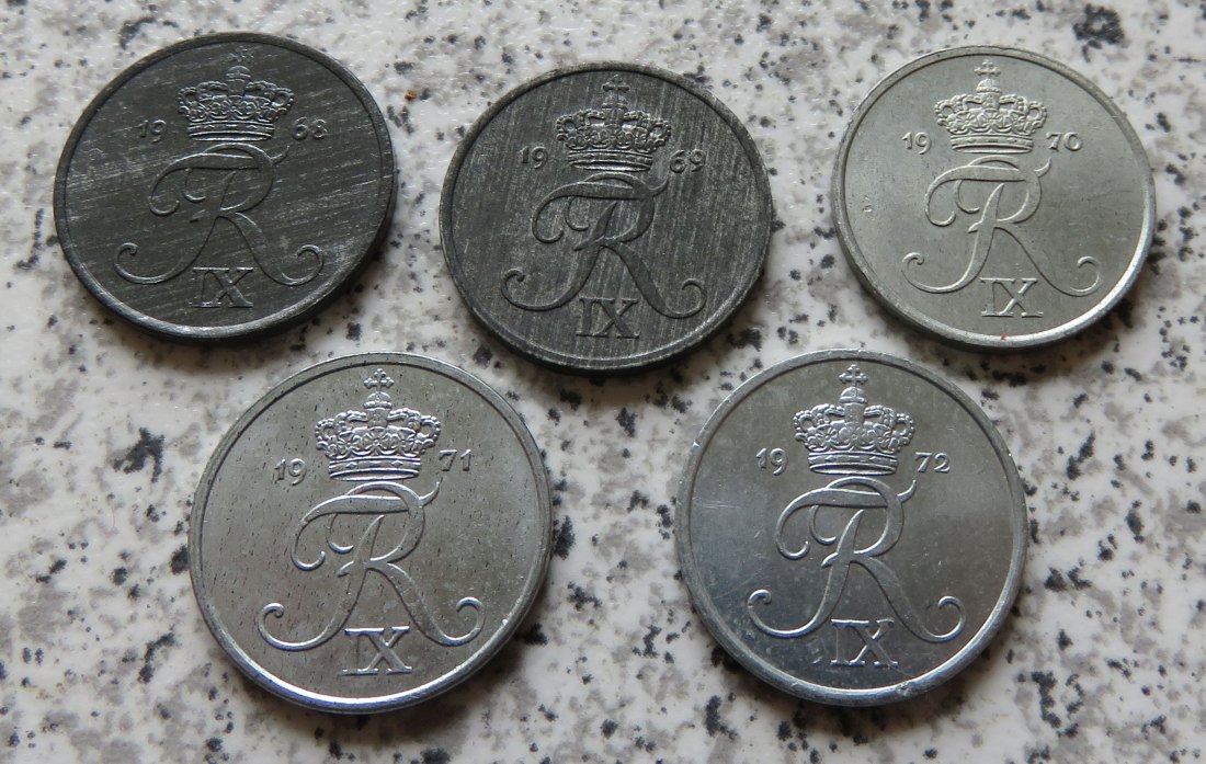  Dänemark 1 Öre 1968, 1969, 1970, 1971 und 1972, besser   