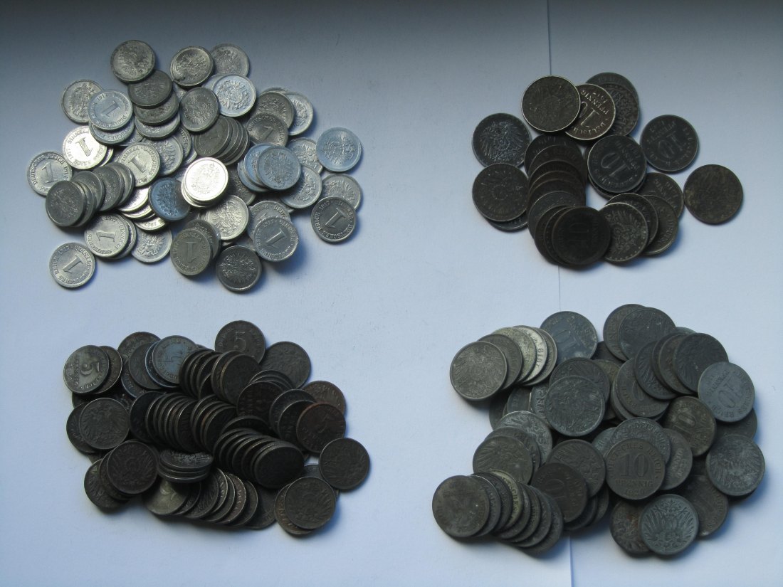  Kaiserreich: 75 x 1 Pfennig Alu + 75 x 5 Pfennig Eisen + 25 x 10 Pfennig Eisen + 70 x 10 Pf. Zink   